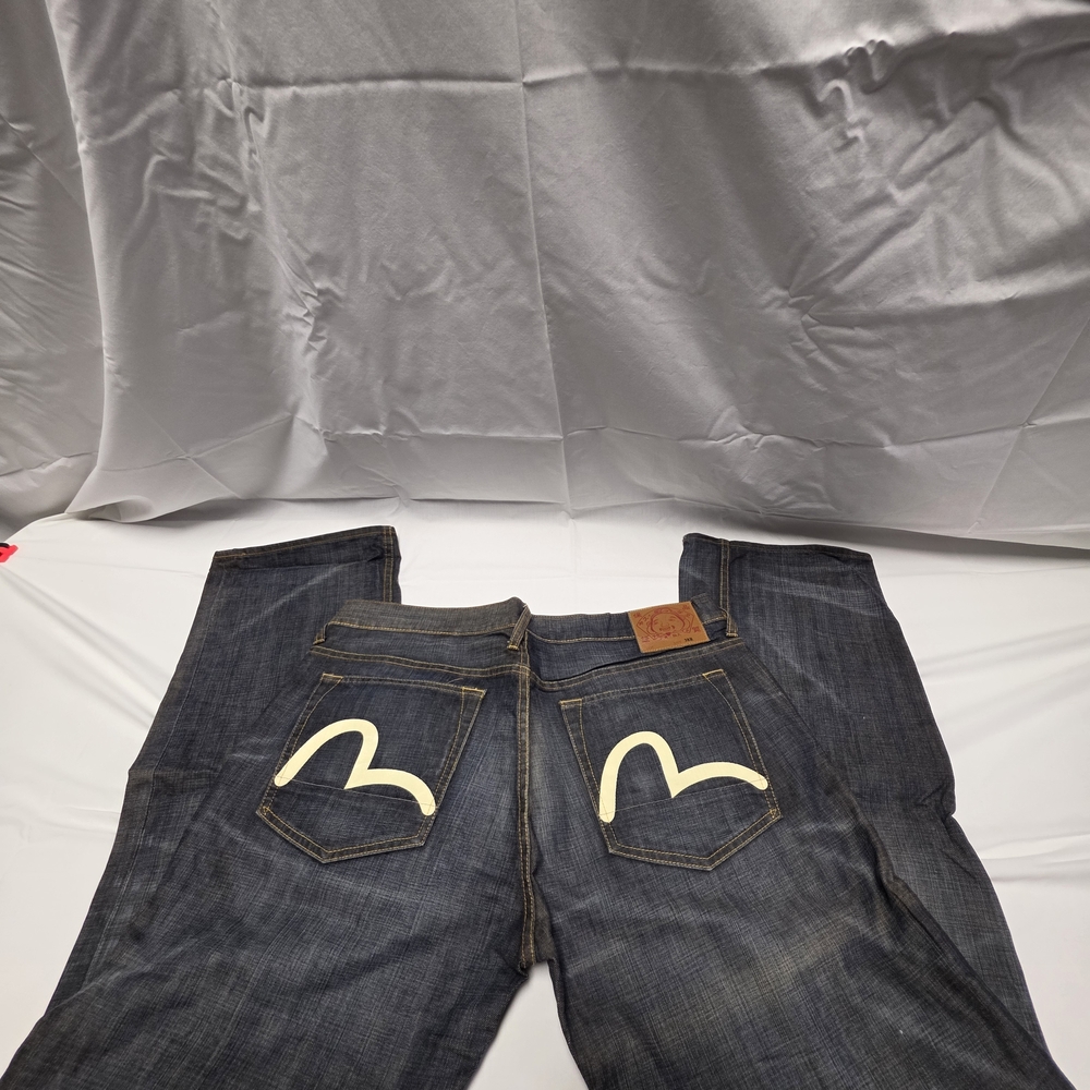 Authentic Y2k Vinrage Evisu Men's Relaxed Jeans - Dark Blue with White Accents